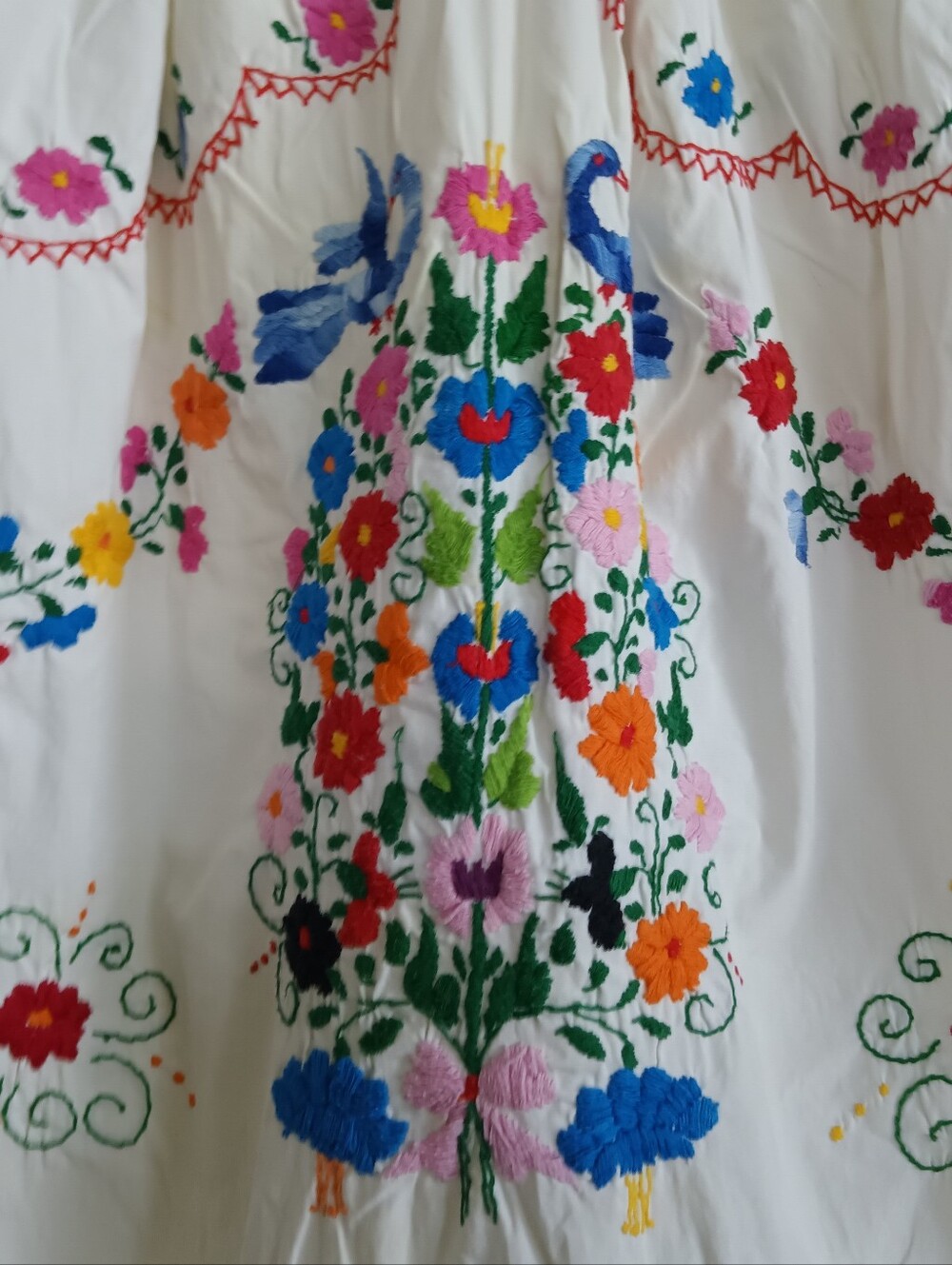 Vintage Hand Embroidered Mexican Dress Traditional Puebla Colorful Maxi Red Blue - Picture 8 of 14